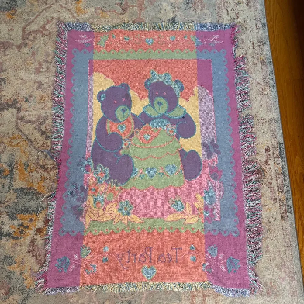 Vintage 80s / 90s pastel teddy bear tea party small tapestry blanket
